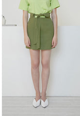 High-Waisted Belted Linen Mini Skirt with Seam Detailing